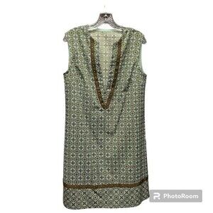 Geometric Green Brown Print Boxy Deep V Neck Shift Dress Brass Studded Trim Med